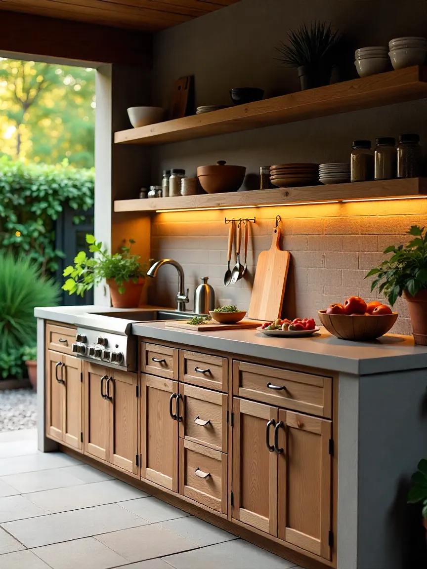 Outdoor kitchen with smart storage cabinets, open shelves, and a prep area with concrete countertops and cooking essentials.