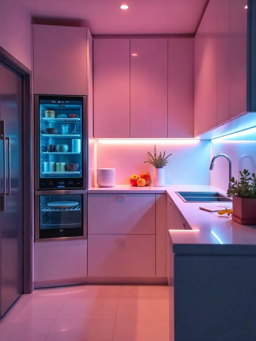 Modern kitchen with smart refrigerator, smart oven, voice assistant, and under-cabinet smart lighting.