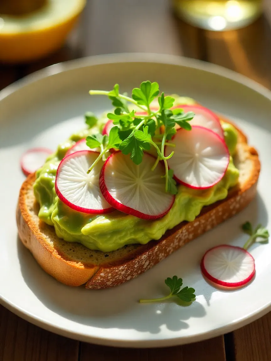 Avocado toast with smashed avocado, thin radish slices, and fresh microgreens on whole-grain bread