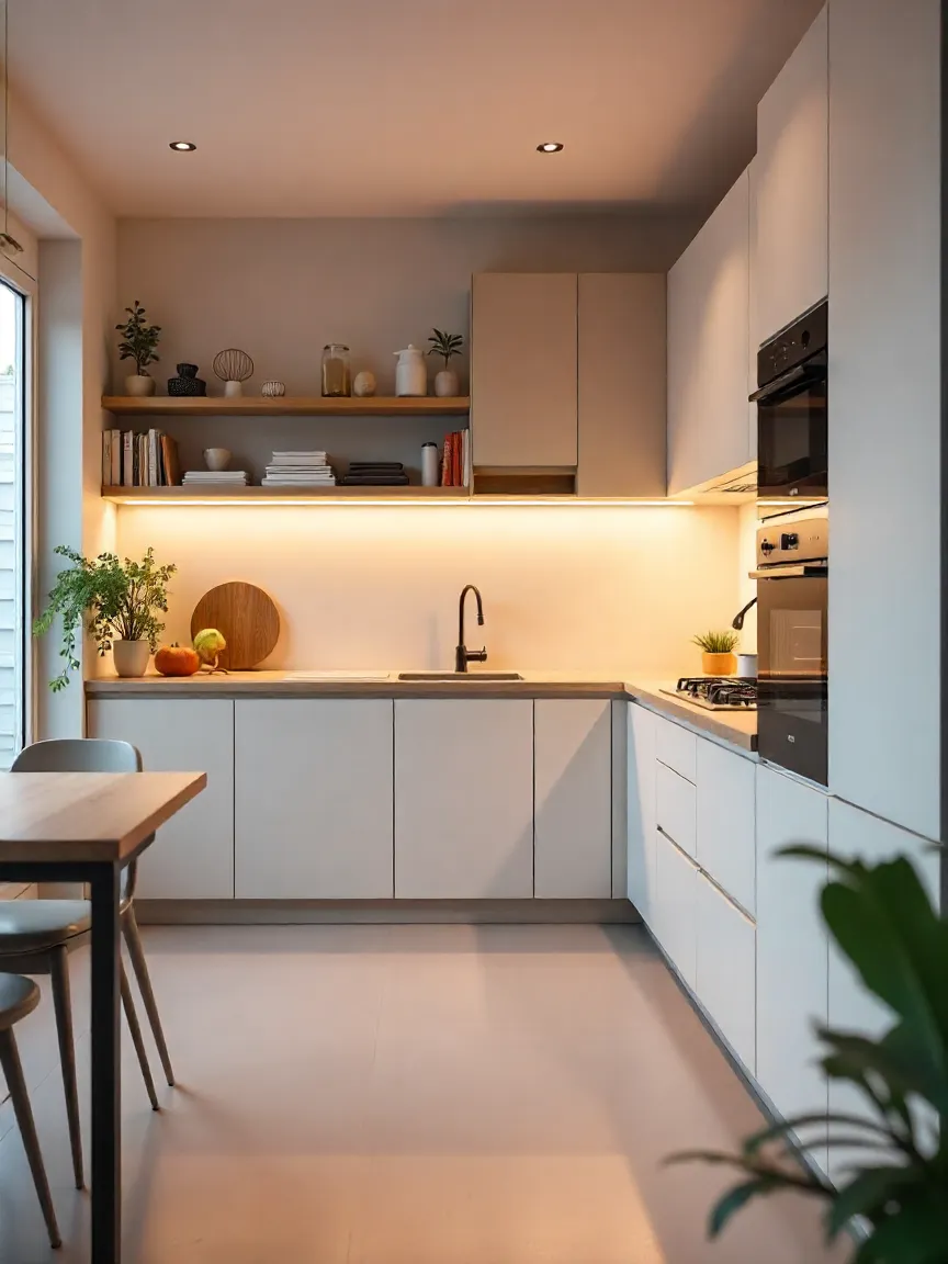 Compact L-shaped kitchen with integrated storage, multifunctional island, and light tones for efficient space design.