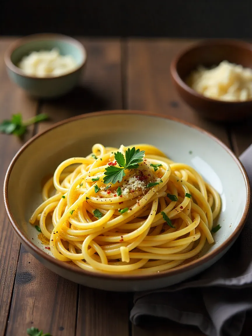 Spaghetti Aglio e Olio topped with garlic, parsley, and chili flakes on a rustic plate.