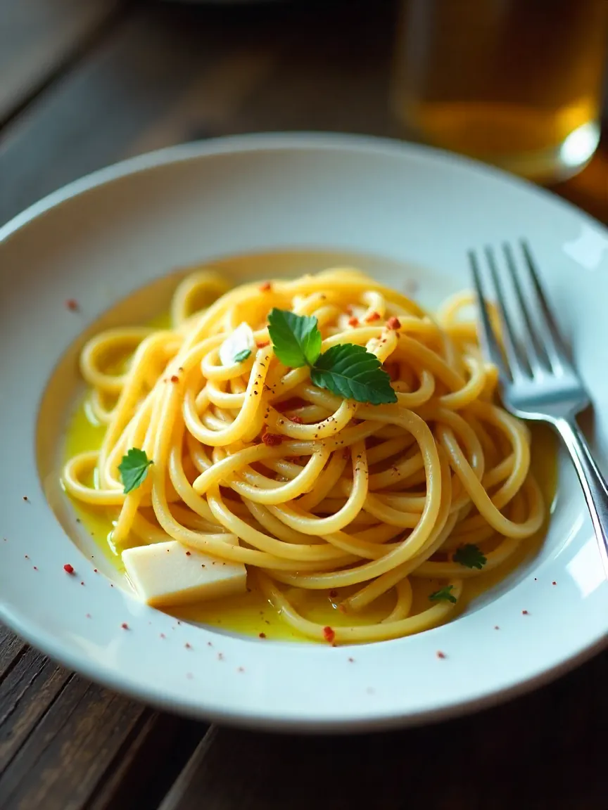 A plate of spaghetti aglio e olio with garlic slices, red pepper flakes, and parsley garnish, served with Parmesan cheese for a classic Italian dinner.