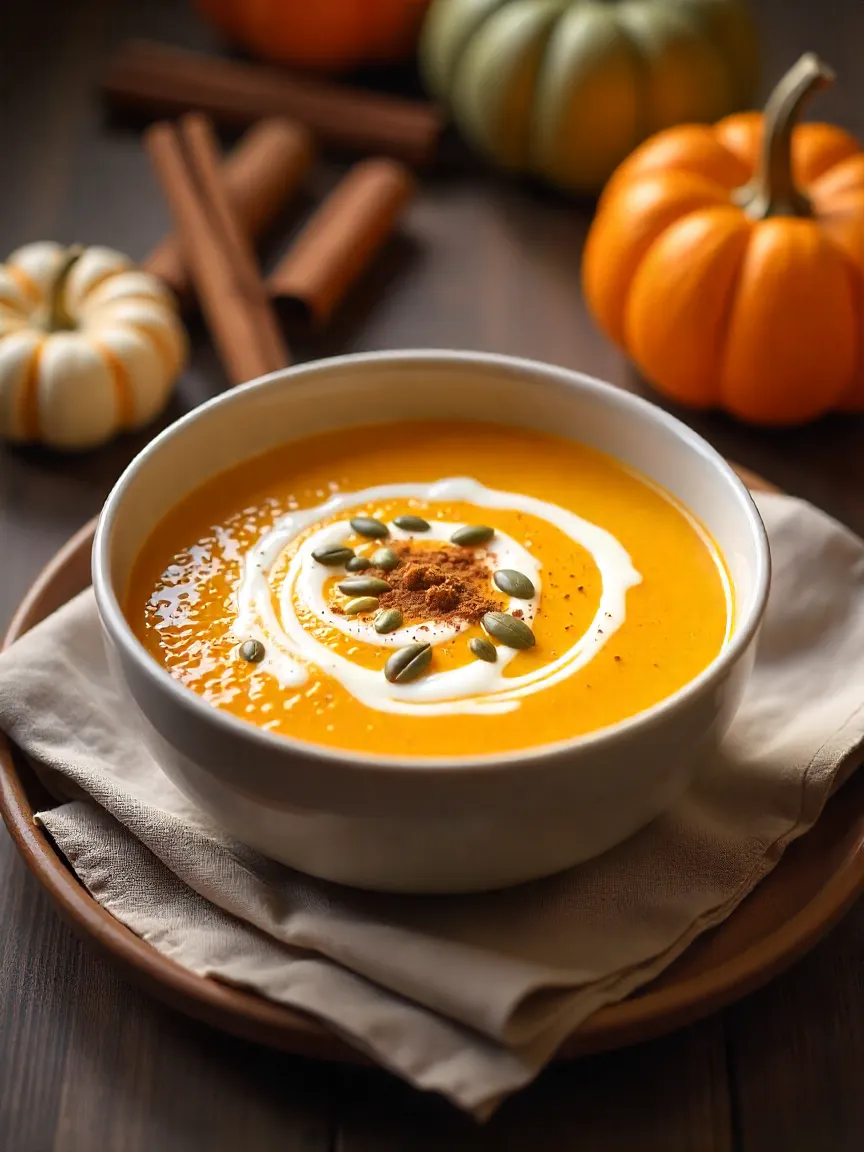 A bowl of creamy spiced pumpkin soup topped with cream, cinnamon, and pumpkin seeds, styled with autumn decor for a seasonal look.