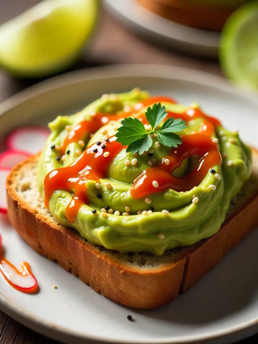 Avocado toast topped with Sriracha sauce, sesame seeds, and radish slices, served with lime wedges.