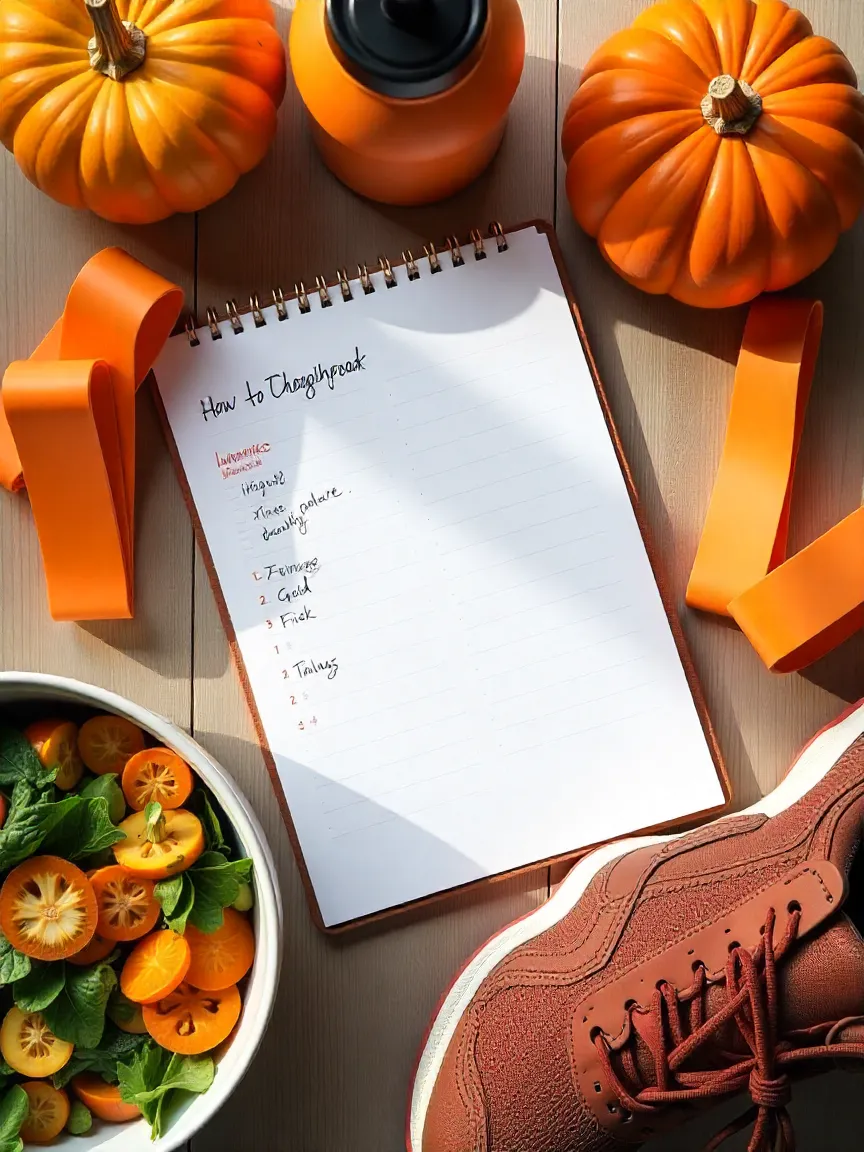 Autumn-themed fitness planning setup with workout goals, healthy meal, and exercise gear for starting a weight loss program.