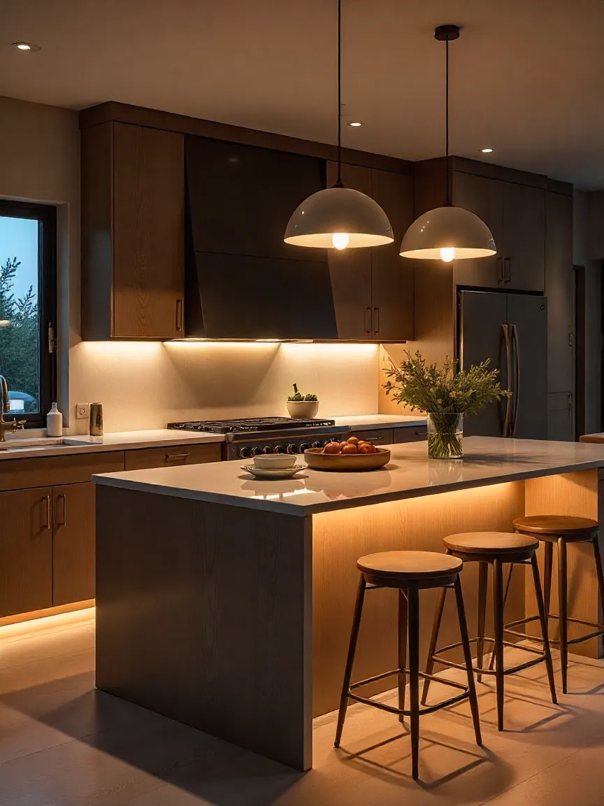 Modern kitchen and bathroom with statement lighting fixtures, including pendant lights in the kitchen and a chandelier or backlit mirror in the bathroom, enhancing style and ambiance.