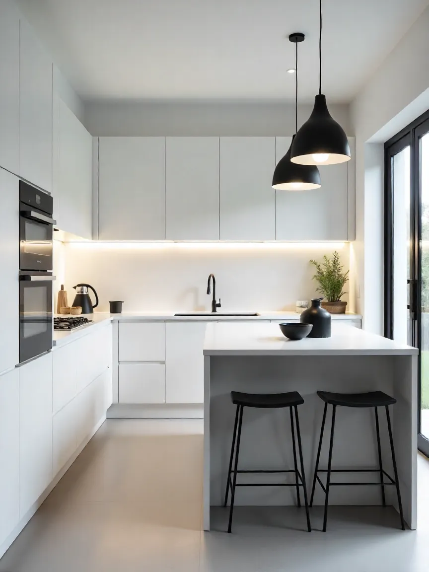 Small kitchen with under-cabinet LED lighting, recessed ceiling lights, and pendant lamps creating a bright, open atmosphere.
