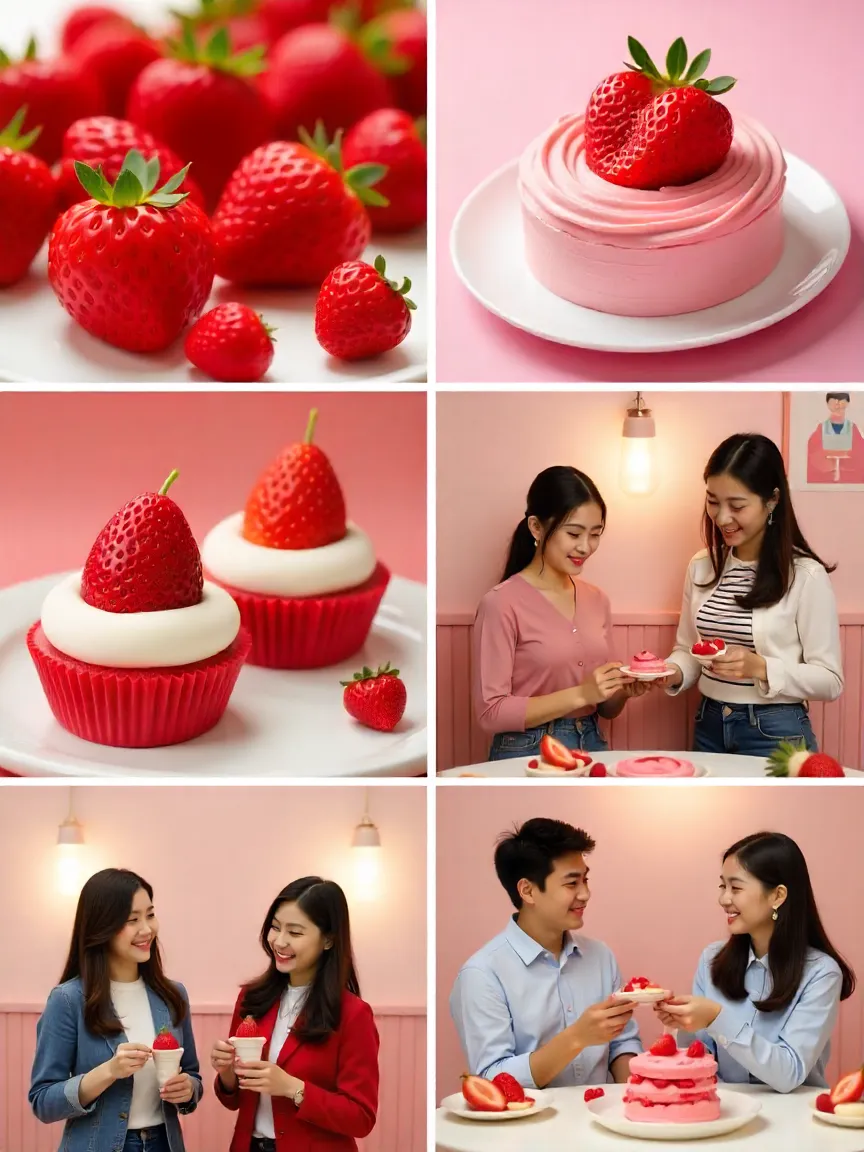 Young Koreans enjoying a calm moment with strawberry-themed accessories, symbolizing comfort and simplicity amid busy lives.