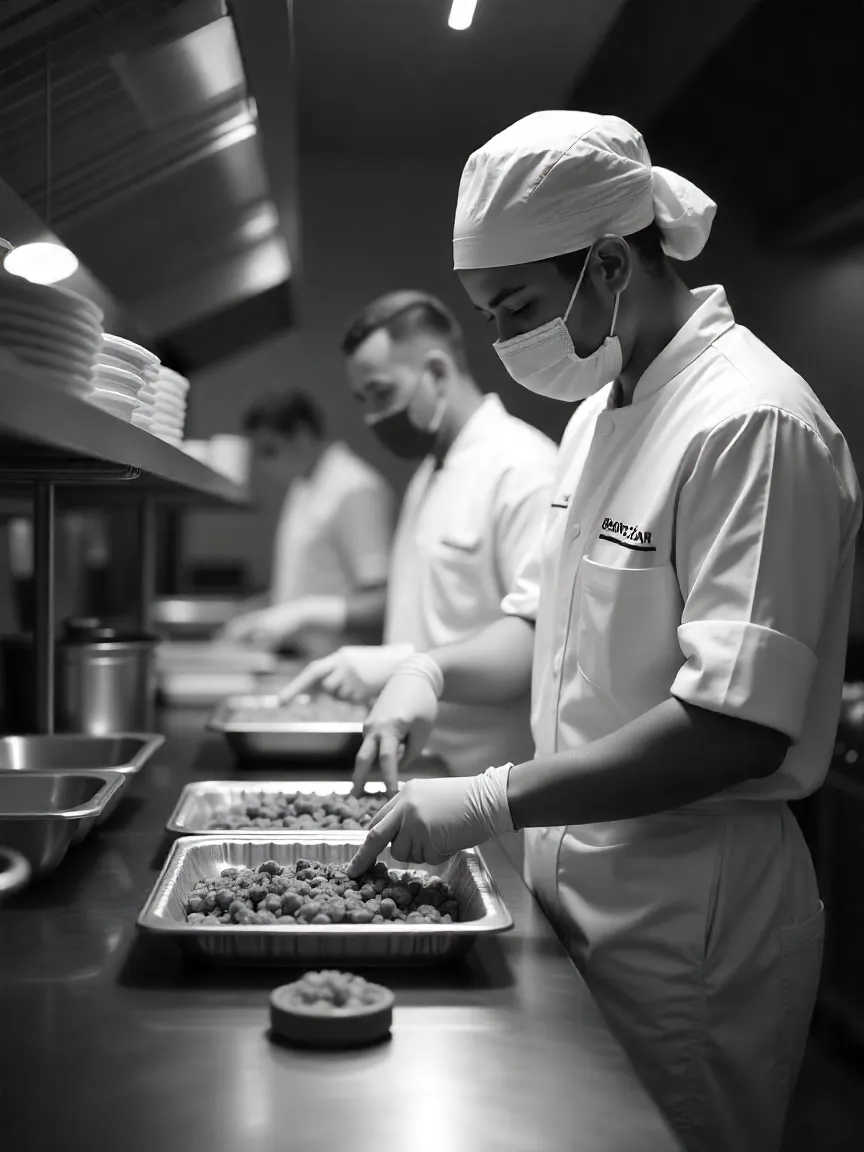 Catering staff preparing meals in a sanitized kitchen with safety protocols, showing stress-free compliance and food safety in catering services.