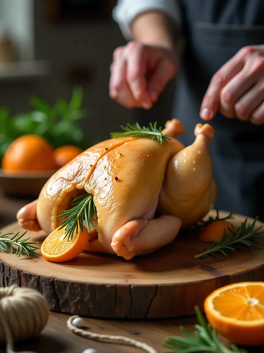Marinated duck being stuffed with oranges, onion, and herbs before roasting, with kitchen twine and fresh ingredients arranged on the side.