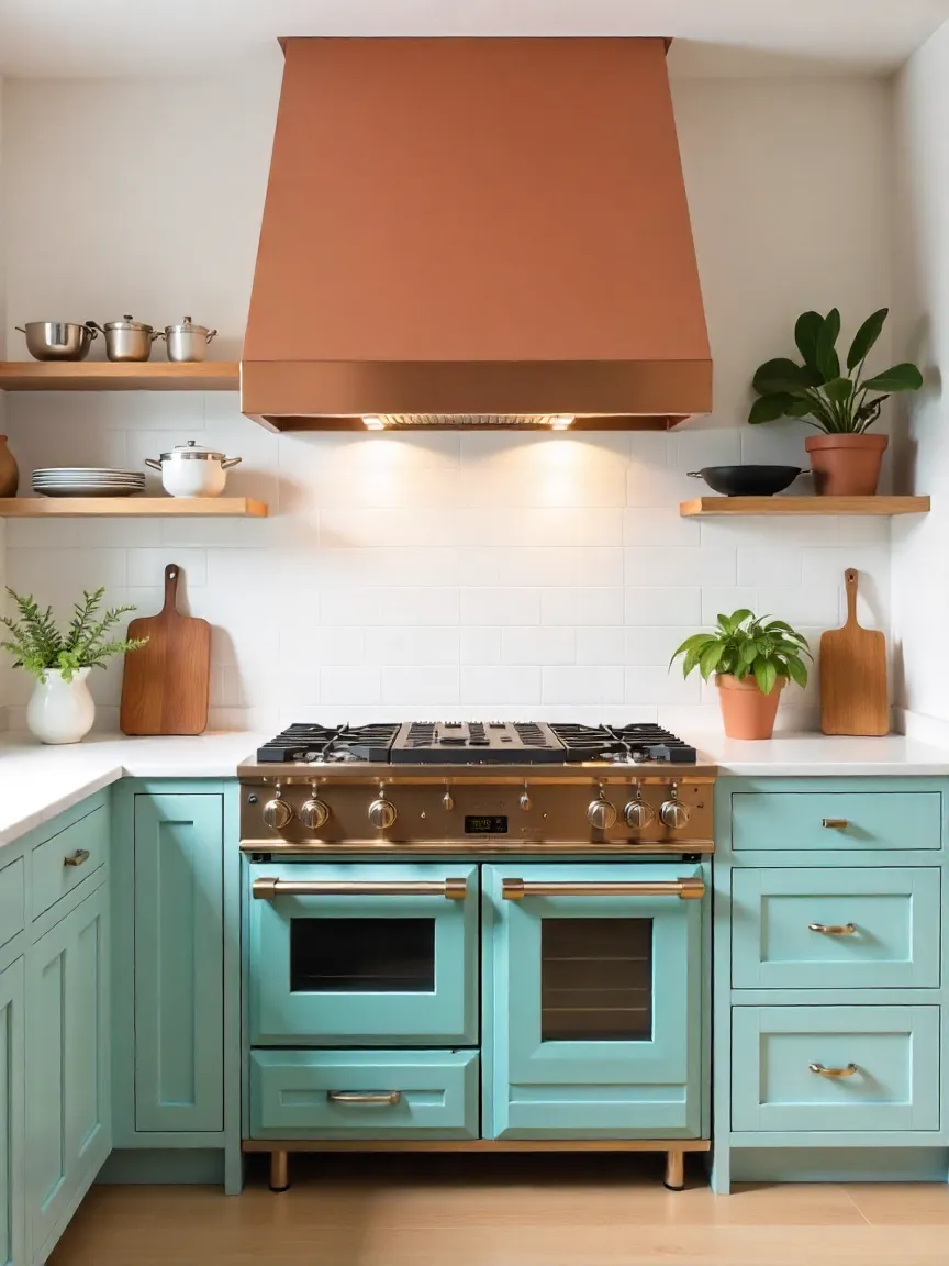 Modern cooking area with a bold-colored range, copper hood, marble countertops, and stylish backsplash for a perfect mix of function and style.