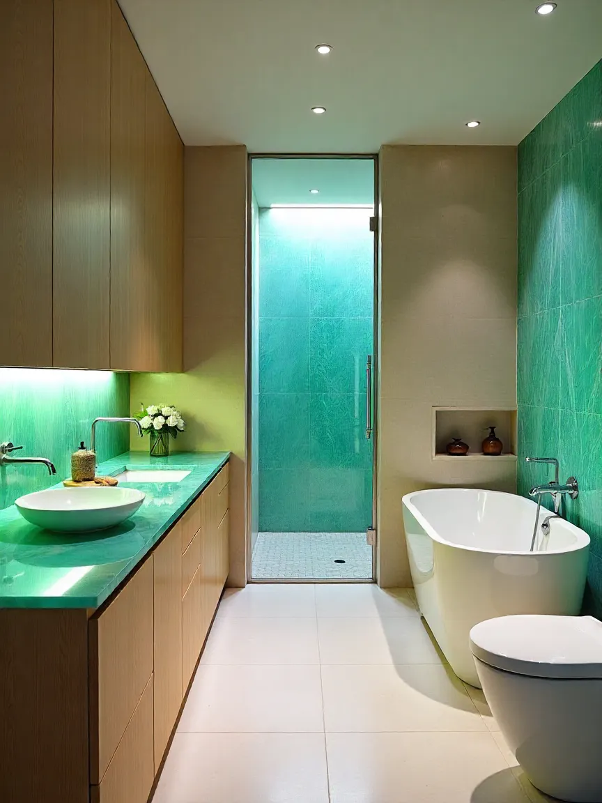 A modern kitchen and bathroom with eco-friendly materials such as bamboo cabinetry, recycled glass countertops, natural stone accents, and energy-efficient appliances.