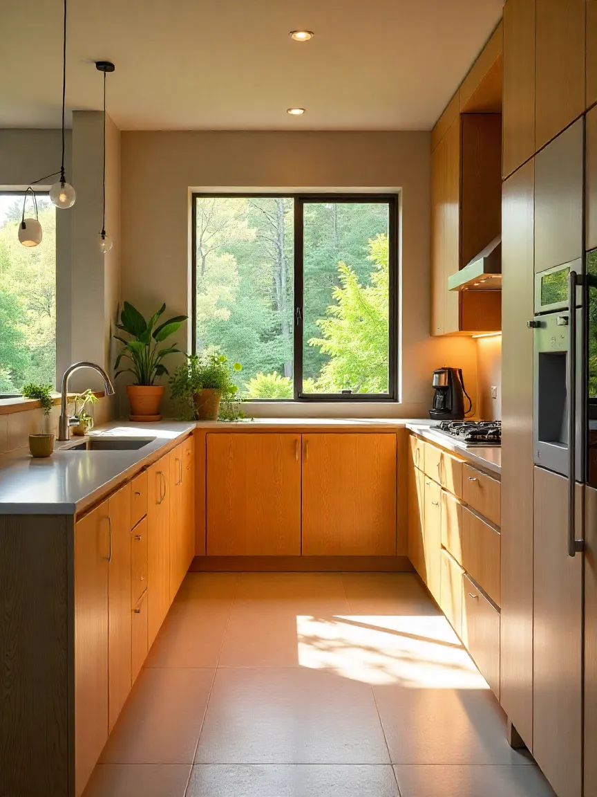 Eco-friendly modern kitchen with bamboo cabinets, recycled glass counters, LED lighting, and smart appliances.