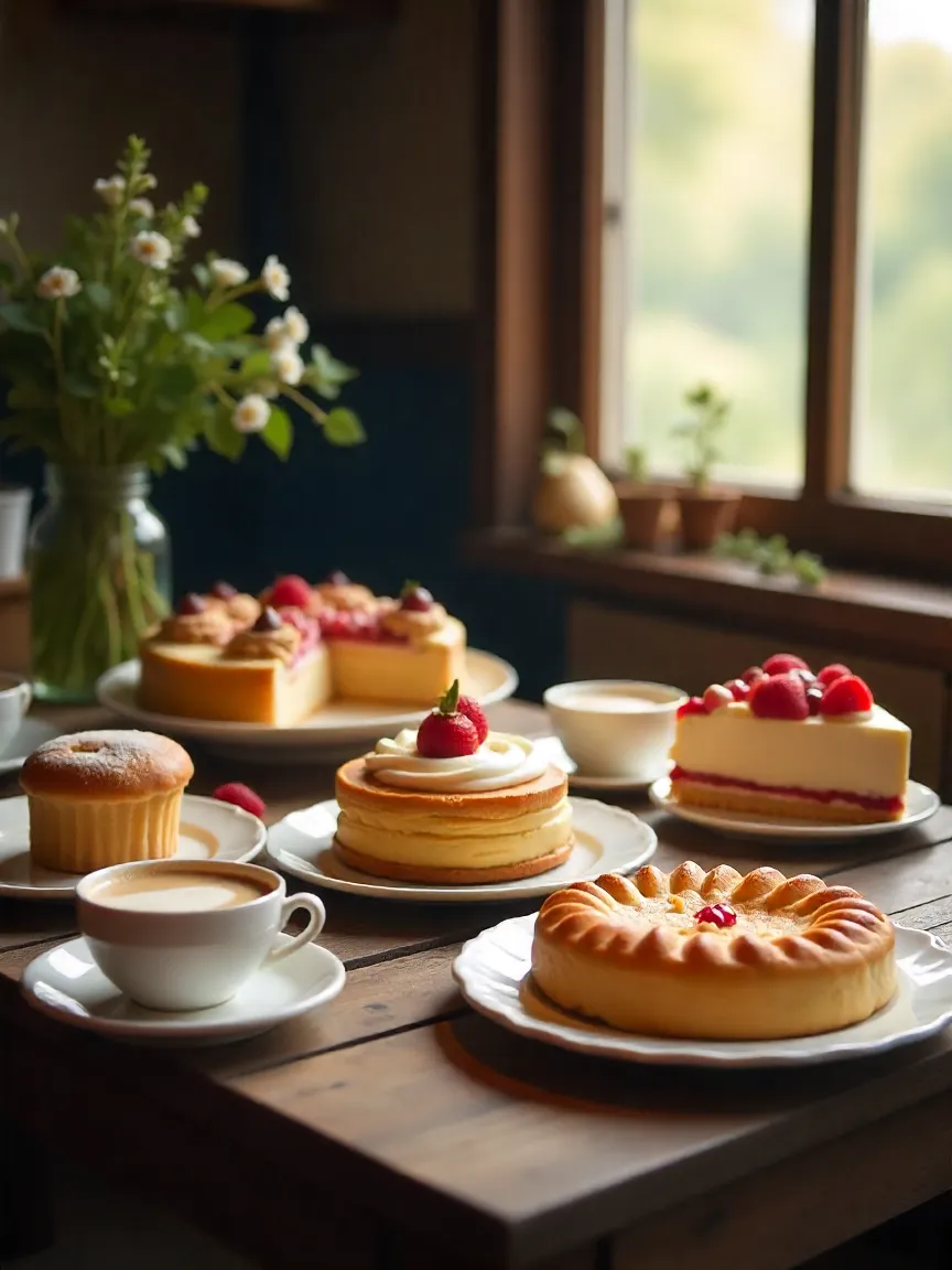 Assortment of desserts on a table with coffee, cake, and pie, evoking warmth and shared moments.