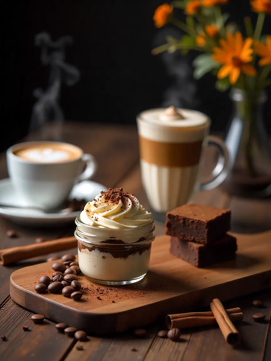 Assorted coffee desserts and steaming espresso cups on a wooden table with coffee beans and cinnamon sticks.