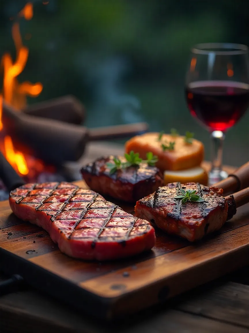Grilled steak, lamb chops, and barbecue pork paired with a glass of Syrah red wine in a rustic barbecue setting.