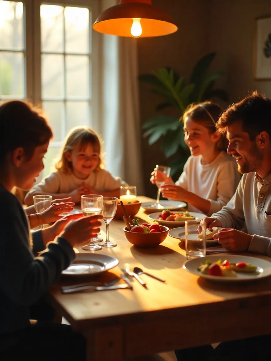 Lived-in family dining table with marks and joyful activity.”