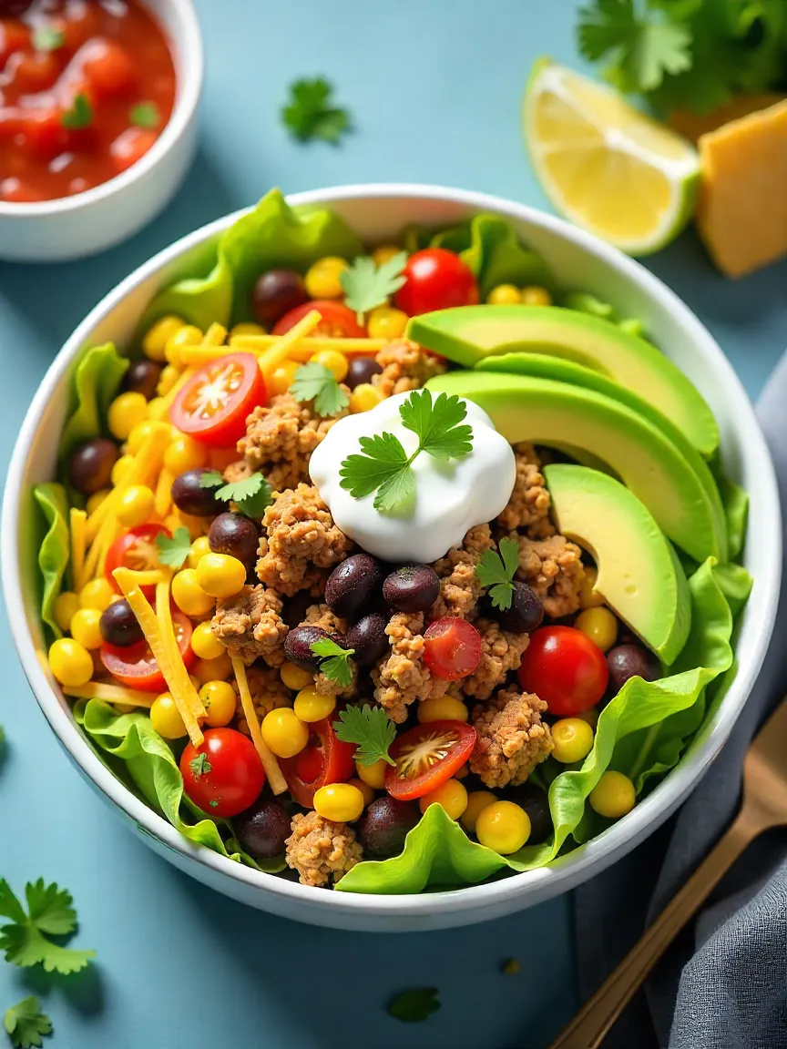 A colorful taco salad with ground turkey, lettuce, beans, corn, tomatoes, avocado, shredded cheese, and sour cream, garnished with cilantro and lime wedges.