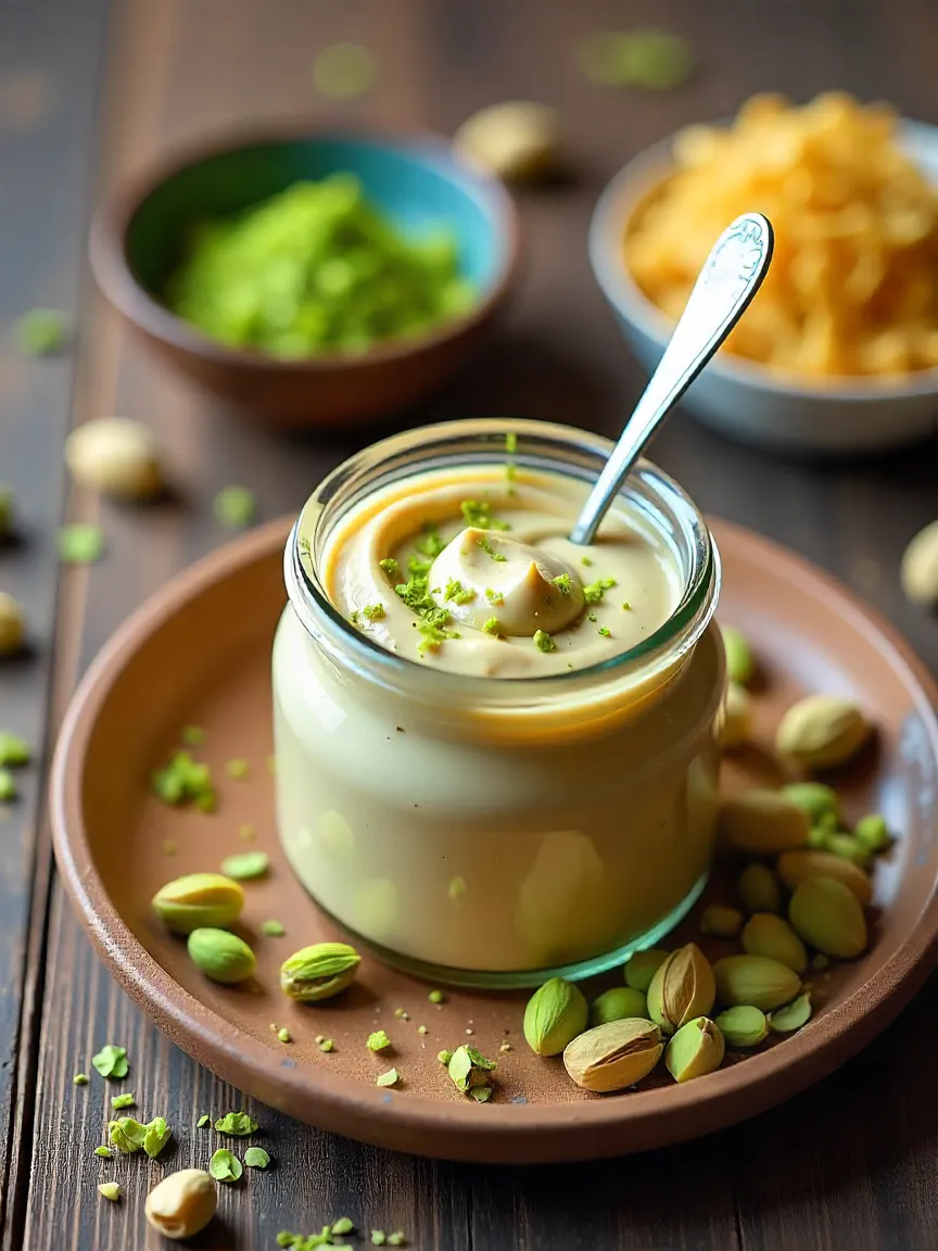 Jar of tahini, crispy kataifi pastry, toasted phyllo flakes, nuts, rose petals, and vanilla arranged on wooden background.