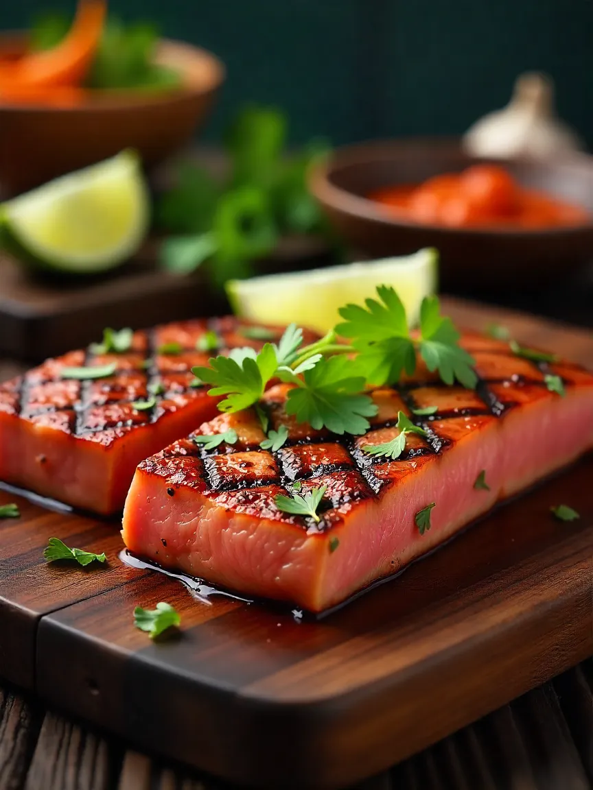 Grilled Thai chili tuna steak garnished with cilantro and lime, served on a wooden platter, with vibrant chili marinade and Thai spices in the background.