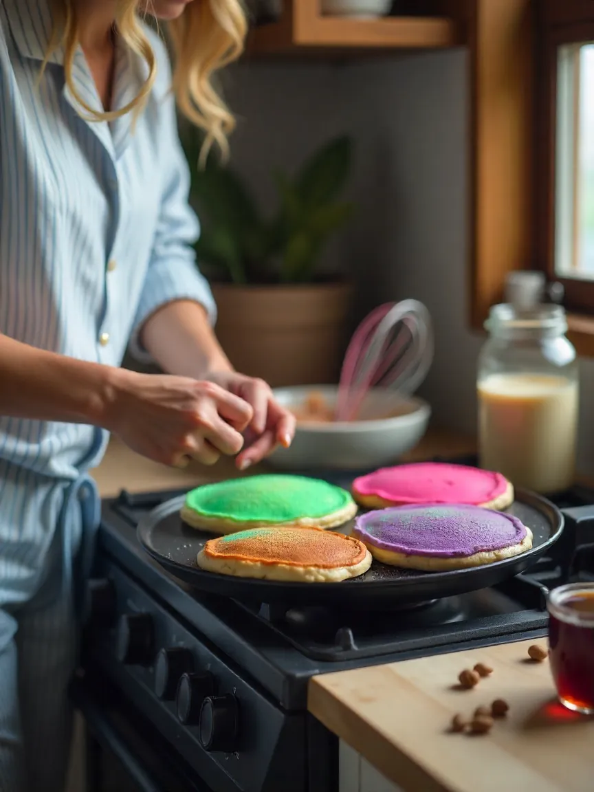 Person in pajamas making colorful green, purple, and pink pancakes in a cozy kitchen, enjoying a fun and relaxed cooking moment.