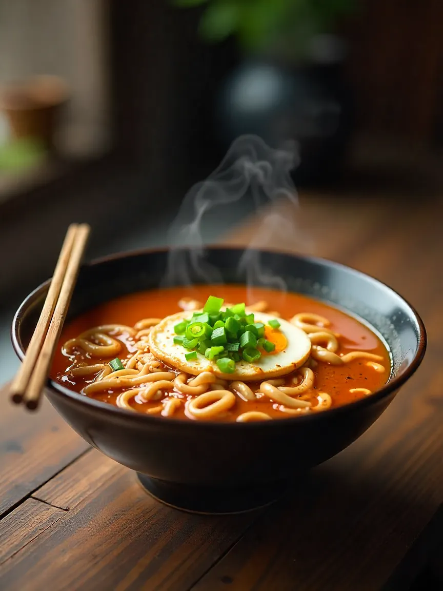 Bowl of TikTok Ramen with noodles, egg, green onions, sesame seeds, and sriracha, styled on a rustic wooden table in warm lighting.
