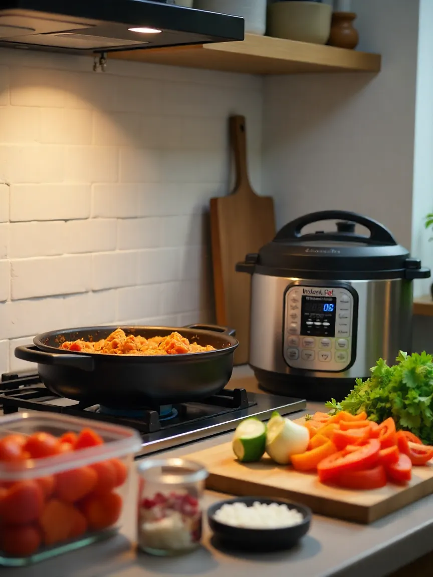 Efficient kitchen setup with one-pot meal, Instant Pot, and prepped ingredients ready to cook.
