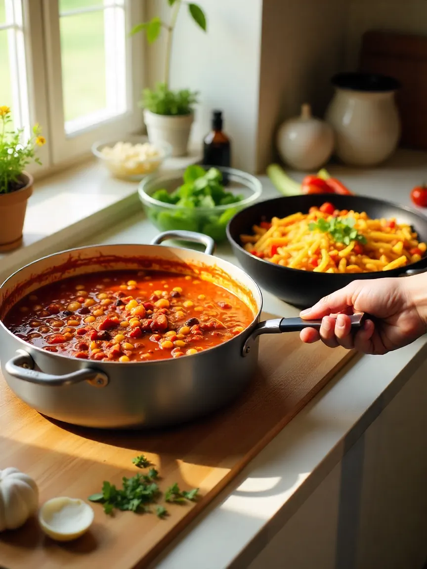 A modern kitchen setup featuring a pot of chili, a skillet with stir-fry, and a casserole dish, surrounded by prepped vegetables and cooking essentials for quick meals.