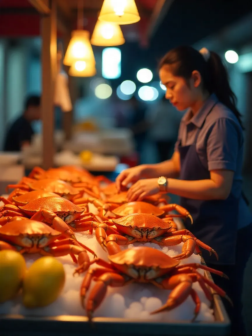 Fresh live crabs displayed on ice at a seafood market, showcasing quality and freshness.