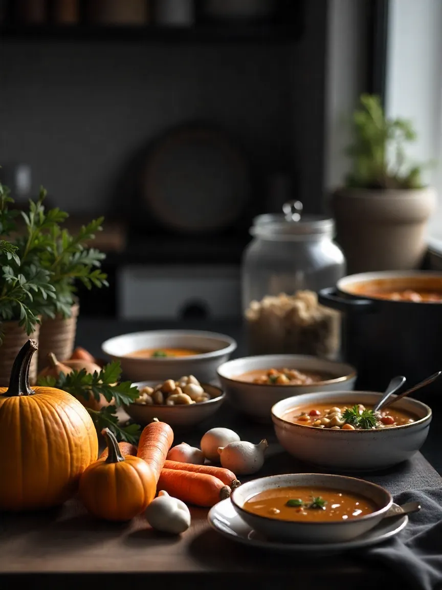 Autumn soup preparation scene with seasonal vegetables, simmering pots, stored soup containers, and garnished bowls with herbs and bread.