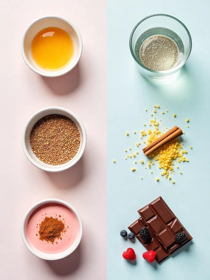 Infographic-style image of vegan dessert tips showing flax eggs, chia seeds, nut butter, avocado, citrus zest, spices, and chocolate with berries.