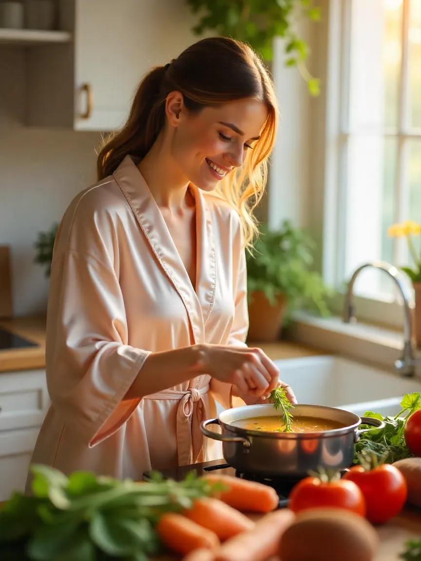 Smiling young woman cooking healthy soup in a bright kitchen, adding fresh herbs with colorful vegetables on the counter.