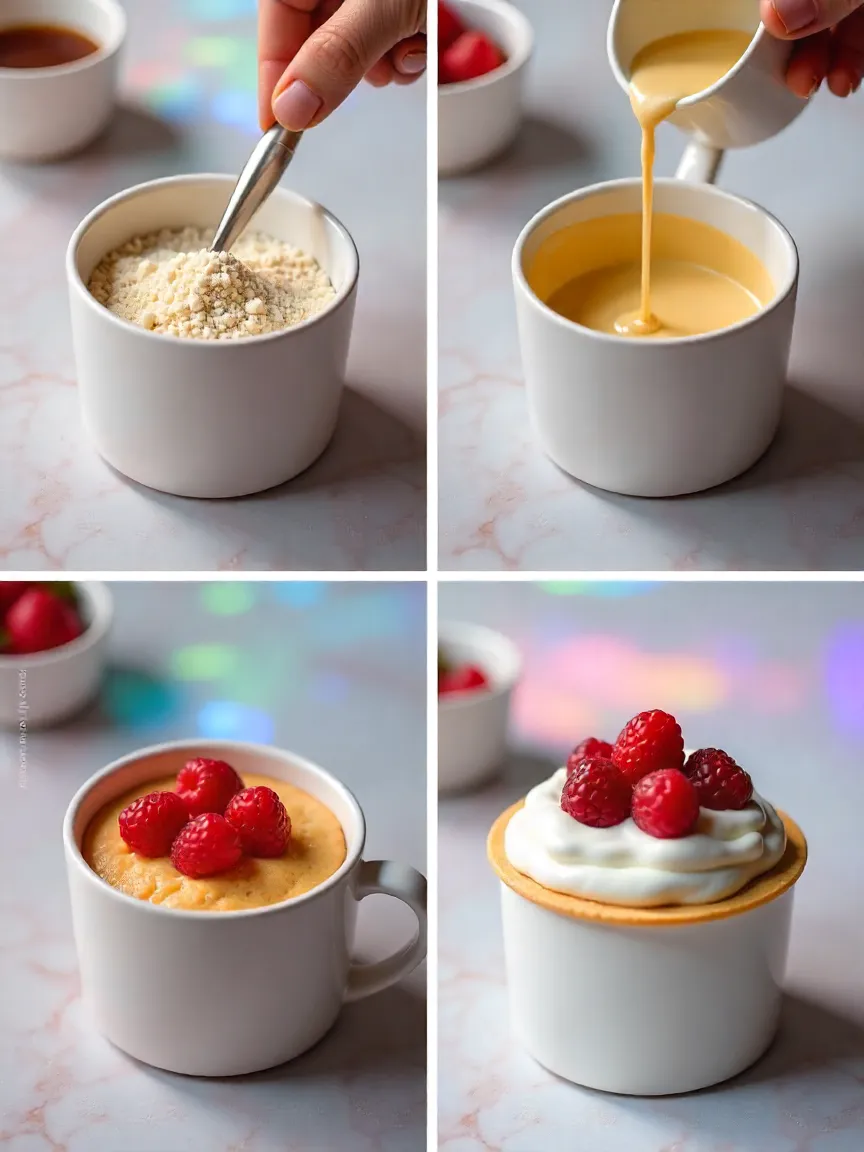 Collage of steps to make mug cakes: mixing dry and wet ingredients, microwaving, and serving with toppings.