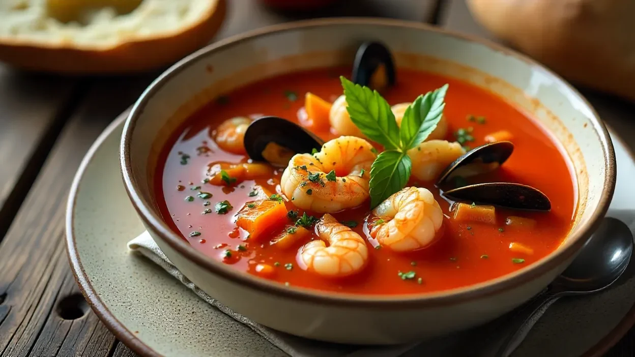 Bowl of tomato seafood soup with shrimp, mussels, scallops, and fresh herbs, served with crusty bread.