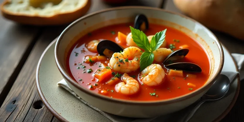 Bowl of tomato seafood soup with shrimp, mussels, scallops, and fresh herbs, served with crusty bread.