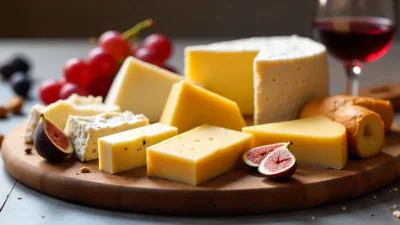 Cheeseboard with 10 iconic cheeses including Brie, Burrata, Feta, Comté, Cheddar, Gouda, Bleu d’Auvergne, Époisses, Le Chevrot, and Pyrenees Sheep cheese.