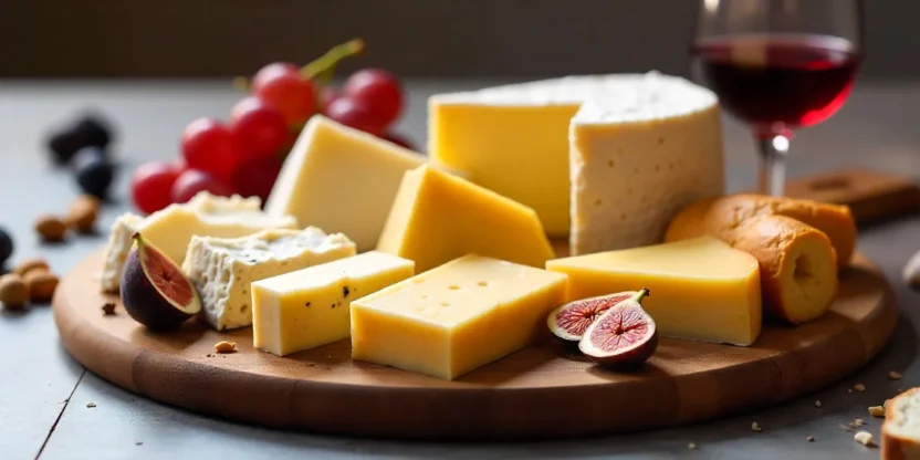 Cheeseboard with 10 iconic cheeses including Brie, Burrata, Feta, Comté, Cheddar, Gouda, Bleu d’Auvergne, Époisses, Le Chevrot, and Pyrenees Sheep cheese.