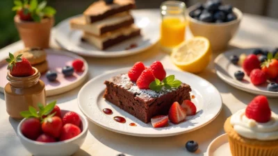 Assorted vegan desserts including chocolate cake, brownies, strawberry shortcake, cookies, and muffins on a bright dessert table.