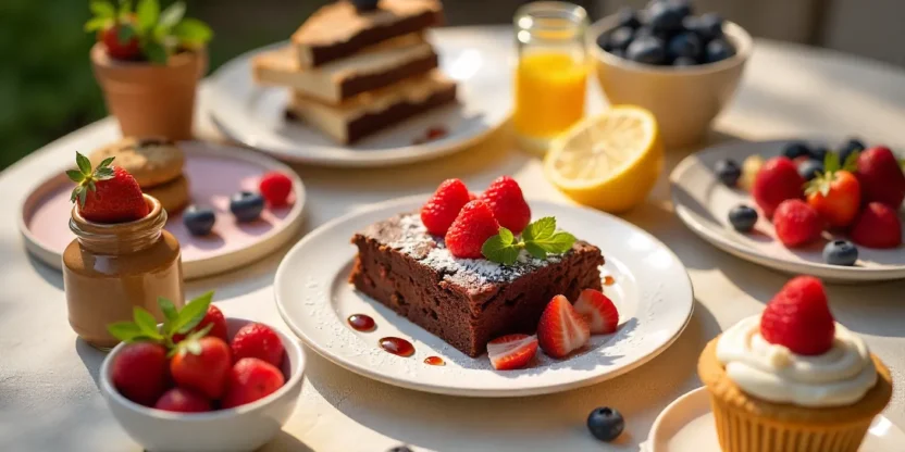 Assorted vegan desserts including chocolate cake, brownies, strawberry shortcake, cookies, and muffins on a bright dessert table.
