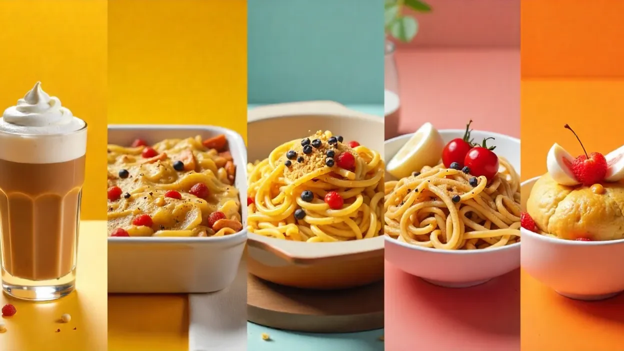 Collage of five viral internet recipes: Dalgona Coffee, Baked Feta Pasta, Cloud Bread, TikTok Ramen, and Pancake Cereal arranged in a bright, modern layout.