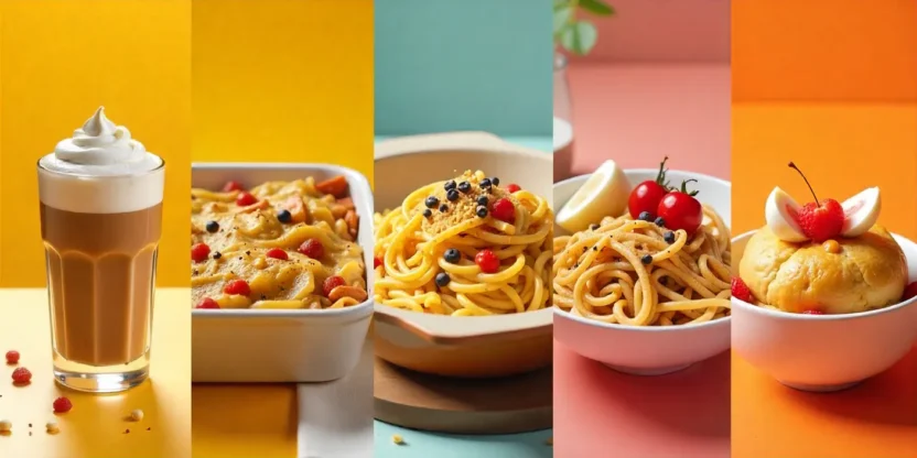 Collage of five viral internet recipes: Dalgona Coffee, Baked Feta Pasta, Cloud Bread, TikTok Ramen, and Pancake Cereal arranged in a bright, modern layout.