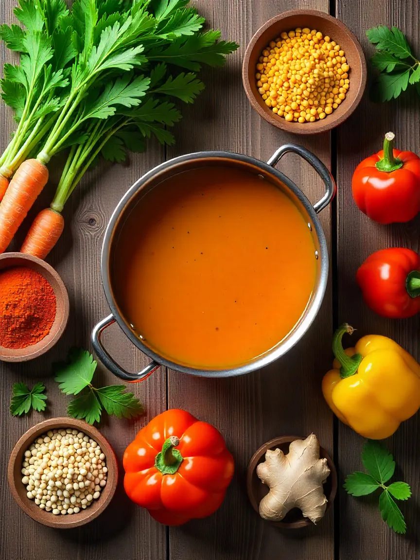 Fresh ingredients for healthy soups including colorful vegetables, lentils, chickpeas, beans, garlic, and herbs arranged around a cooking pot.