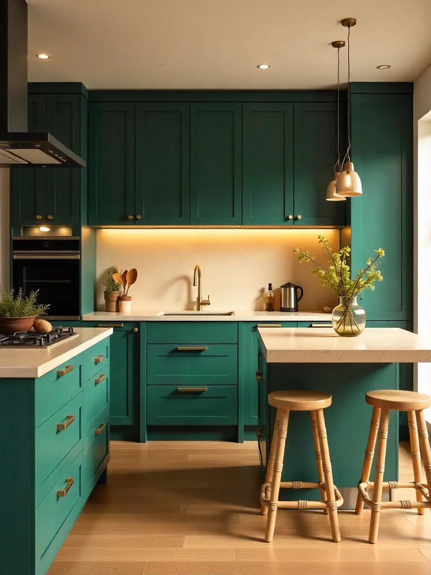 Modern kitchen with green and navy cabinets, stone countertops, brass fixtures, and eco-friendly materials in a bright open-plan layout.