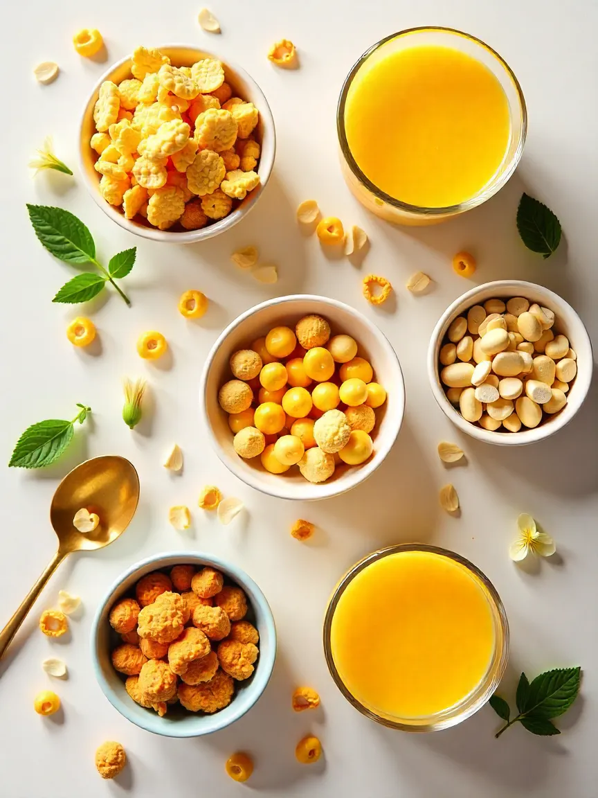 Selection of toppings for corn tiramisu: cornflakes, popcorn, nuts, honey, mint, and edible flowers arranged on a bright surface.