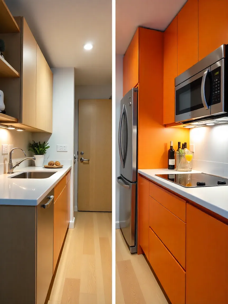Before-and-after Toronto condo kitchen remodel showing transformation from a cramped galley kitchen to a sleek, efficient design with tall cabinets, integrated appliances, and a fold-down breakfast bar.