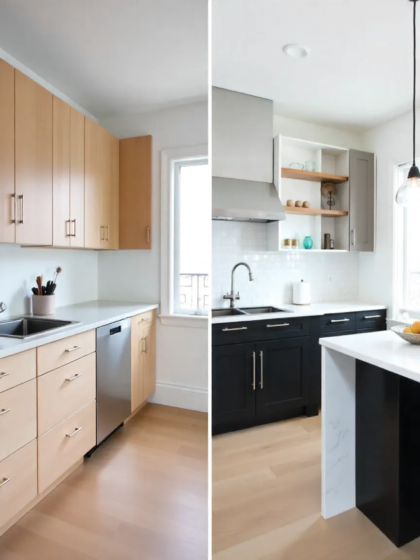 Before-and-after Toronto kitchen renovation showing transformation from a generic builder-grade kitchen to a custom chic design with quartz island, herringbone backsplash, and matte-black hardware.