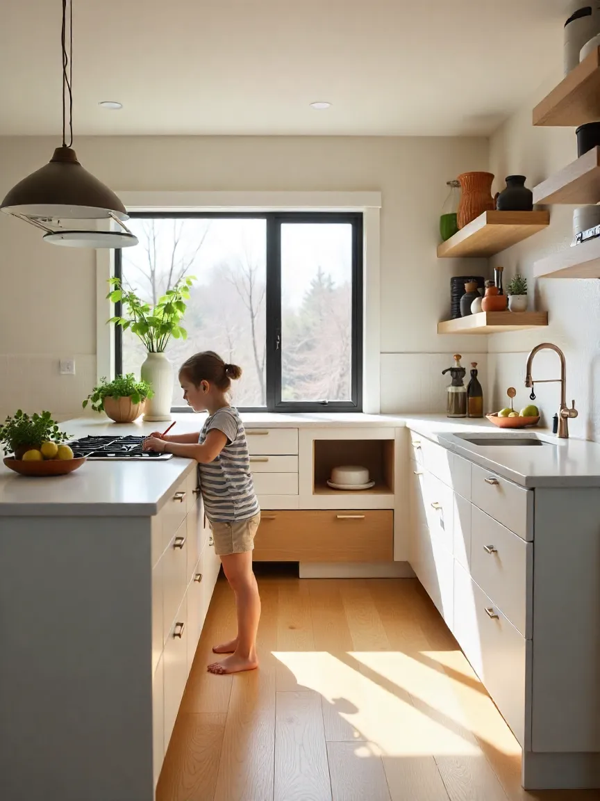 Toronto family kitchen remodel showing island with seating, homework nook, charging station, and built-in dog feeding area, designed as a multifunctional family hub.