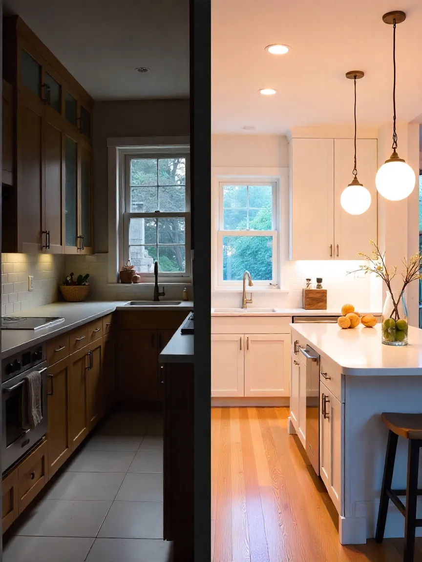 Before-and-after Toronto kitchen remodel showing transformation from a dark, boxed-in kitchen with a wall to an open-concept design with peninsula seating and modern lighting.