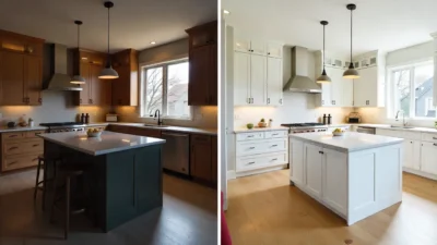Before-and-after Toronto kitchen remodel showing transformation from dark, closed-in space to a bright, modern open-concept kitchen with white cabinetry and quartz island.