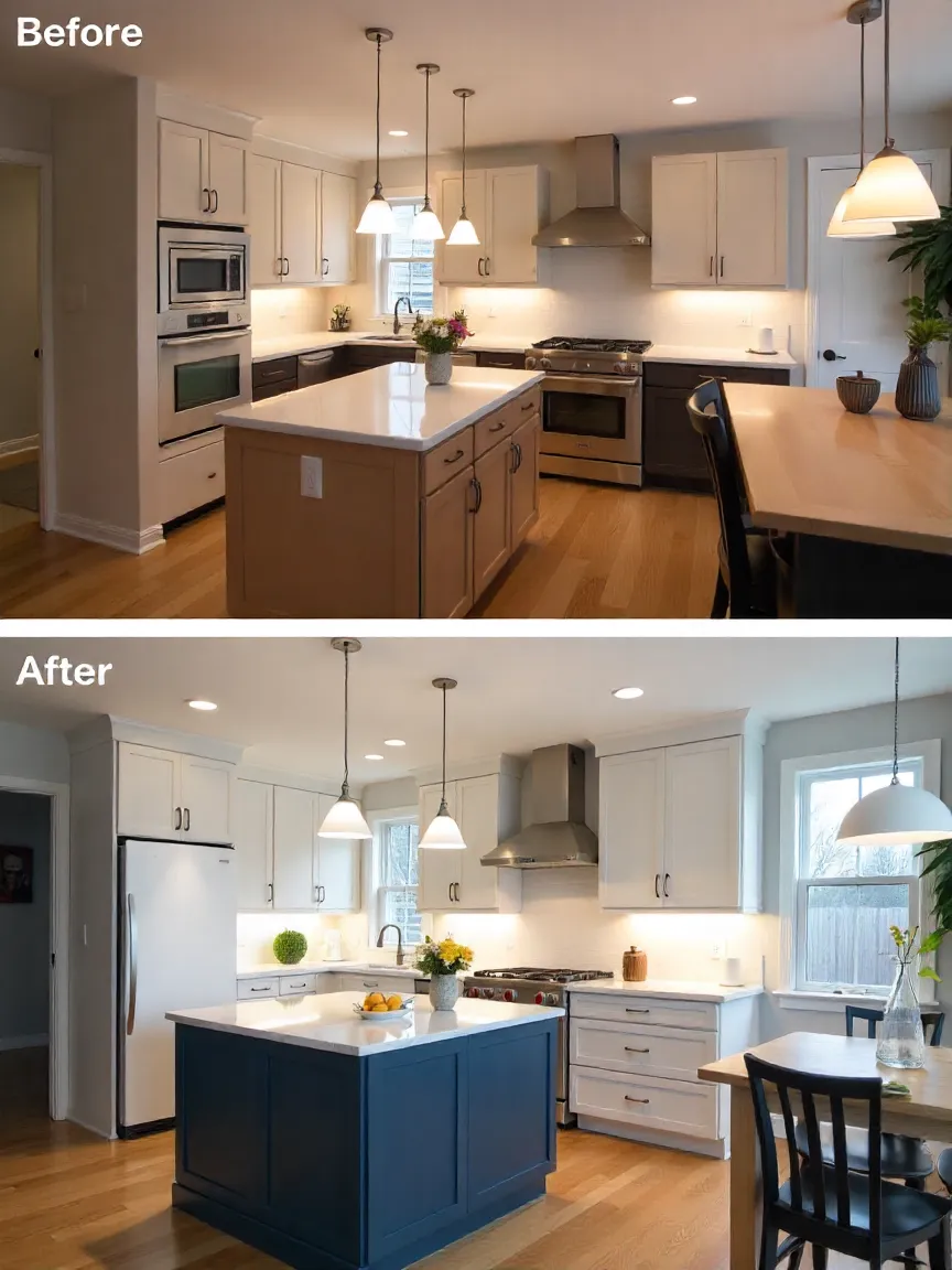 Before-and-after Toronto kitchen remodel showing transformation from dull fluorescent lighting to layered warm lighting with pendants, recessed ceiling lights, and under-cabinet LEDs.